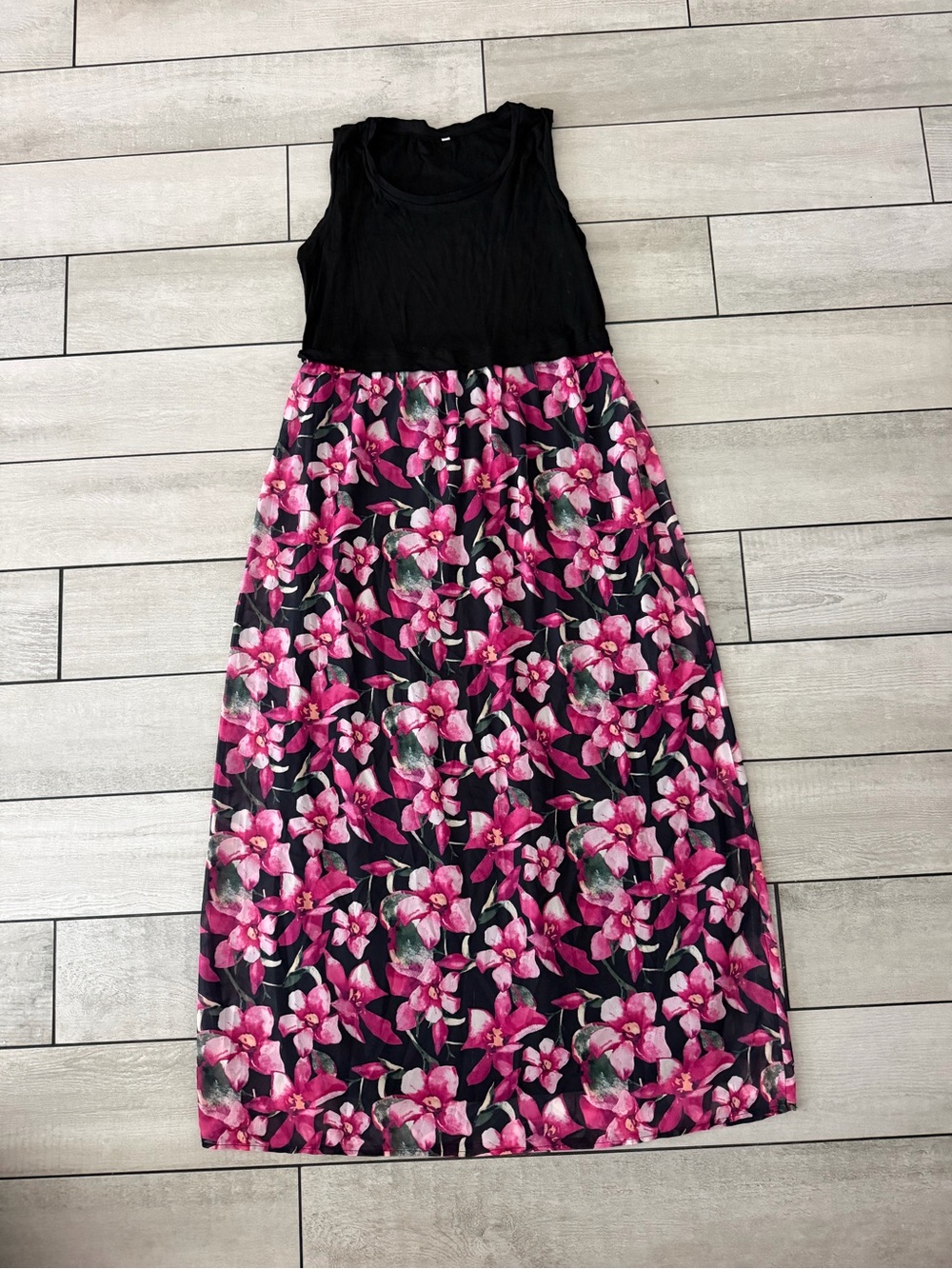 Amazon Black Tank Top Maxi Dress with Pink Floral Skirt